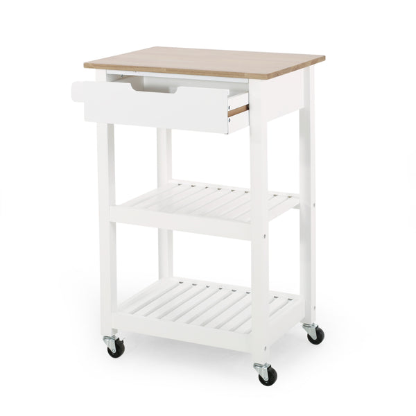English Elm Christopher Knight Home® - Rolling Kitchen Island with Drawer & Cabinet on Locking Casters, Rubberwood Top, Compact White Design 67753.00NATWHT