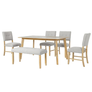 English Elm 6 Piece Farmhouse Dining Set Rubberwood Legs Tufted Chairs Bench Natural Ash Table N752S600015D