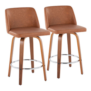 English Elm Toriano 26" Mid-Century Modern Swivel Counter Stools In Walnut & Camel Faux Leather - Set Of 2 B202S00442-GIGA