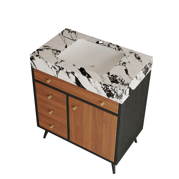 English Elm 29.9" Floating Bathroom Vanity Sintered Stone Top Soft Close Drawers Bronze Gold Hardware Black,Gold,Walnut,White W3136S00044