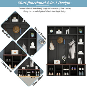 English Elm Farmhouse Hall Tree Walnut Bench Two-tone Entryway Organizer with Six Hooks Shoe Storage N721S000044B-1