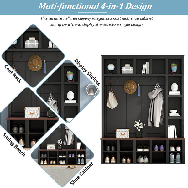 English Elm Farmhouse Hall Tree Walnut Bench Two-tone Entryway Organizer with Six Hooks Shoe Storage N721S000044B-1