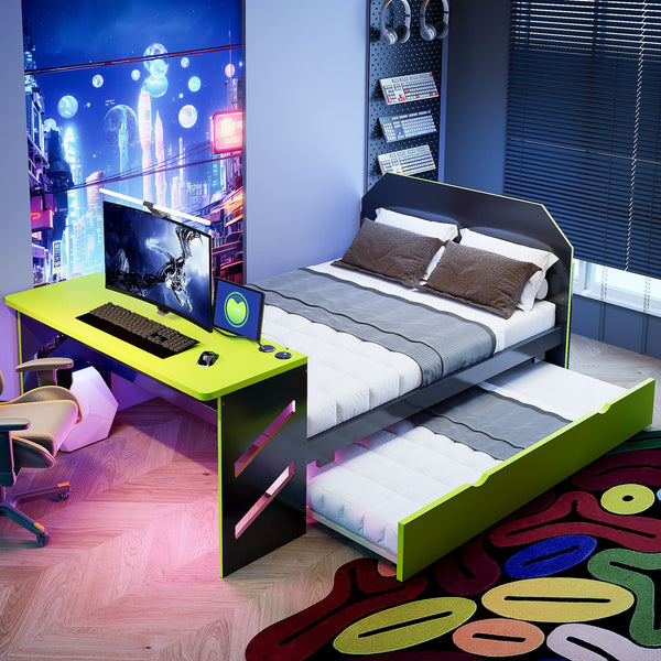 English Elm Full Size Wood Daybed with Twin Trundle Desk and Usb Charging for Teen Rooms Green LT000262AAG