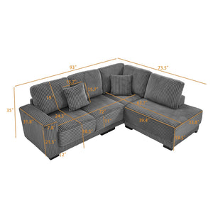 English Elm 93" Sectional Sofa L-Shaped Upholstered Corduroy 3-Seater with Reversible Chaise, Solid Wood Frame, Plush Coil-Foam Cushions Grey W1097S00222