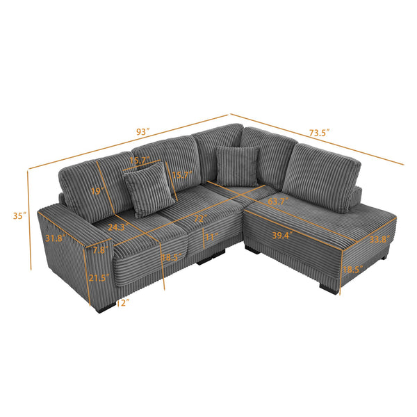 English Elm 93" Sectional Sofa L-Shaped Upholstered Corduroy 3-Seater with Reversible Chaise, Solid Wood Frame, Plush Coil-Foam Cushions Grey W1097S00222