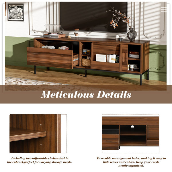 English Elm U-can Mid Century Walnut Media Console with Sliding Doors and Metal Frame for Living Rooms Brown N724P360370D