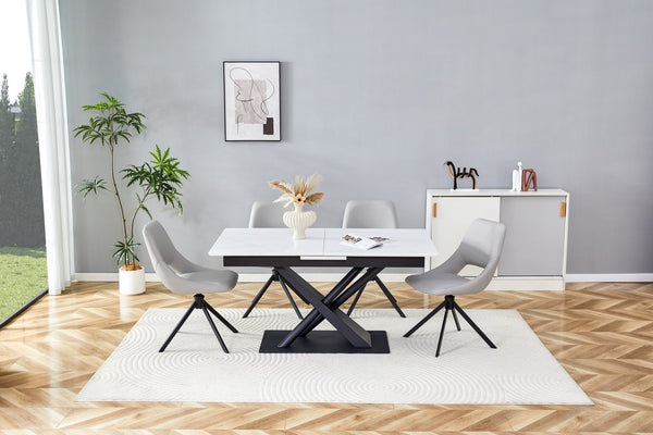 English Elm Contemporary Extendable Dining Set with Swivel Faux Leather Chairs and Steel Frames W3493S00021