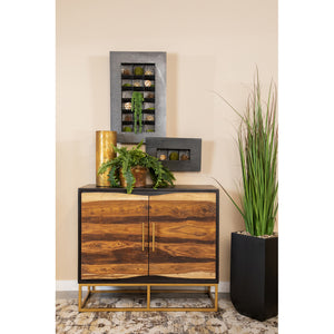 English Elm Denali Variegated Black Walnut 2-Door Accent Cabinet with Soft Gold Metal Base — Handcrafted Contrast B062P353471
