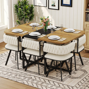 English Elm 7-piece Dining Set Tufted Velvet Chairs Melamine Table Modern Farmhouse Kitchen Beige,Black,Wood W3875S00113
