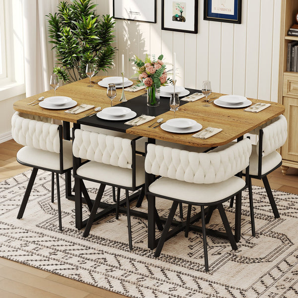 English Elm 7-piece Dining Set Tufted Velvet Chairs Melamine Table Modern Farmhouse Kitchen Beige,Black,Wood W3875S00113
