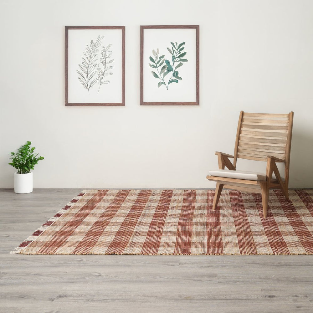 English Elm Area Rug, Handcrafted Jute Cotton Blend, Durable Dark Brown Plaid, Perfect For High-Traffic Spaces 6X9 Ft B346P321267