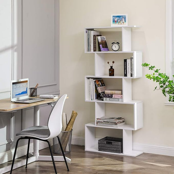 English Elm Five tier minimalist white bookshelf with five shelves for modern storage, durable engineered wood design Cream White W2139P288172