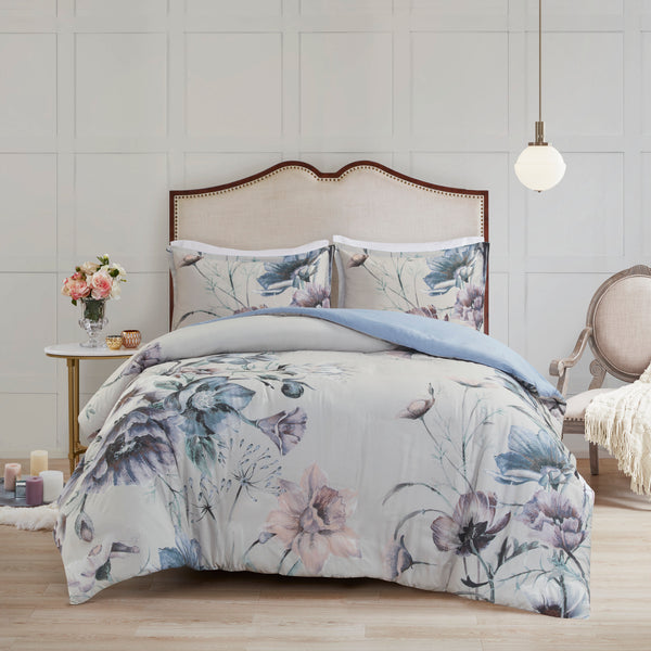 English Elm King/Cal Cassandra 3-Piece Cotton Printed Duvet Cover Set – Shabby Chic Floral Blue, OEKO-TEX, Button Closure & Corner Ties B03597364