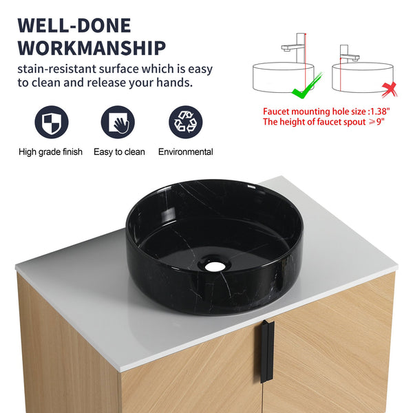 English Elm 30" Bathroom Vanity With Wall-Mounted Design, Ceramic Vessel Sink & Soft-Close Doors For Modern Homes W999S00447