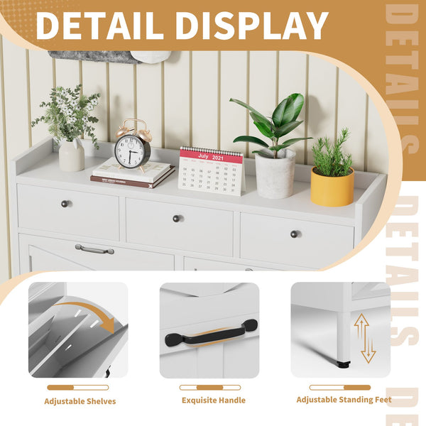 English Elm Metal Powder Coated Steel Shoe Cabinet Slim Entryway Organizer with Seven Drawers White T2398P413026