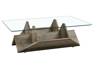 English Elm Tempered Glass Top Coffee Table with Carved Wood Grain Mdf Base and Open Storage W3875P387030