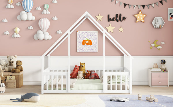 English Elm Full House-Shaped Floor Bed with Fence and Guardrails, Pine Wood Play Loft for Imaginative Kids Retreat White W504P143294