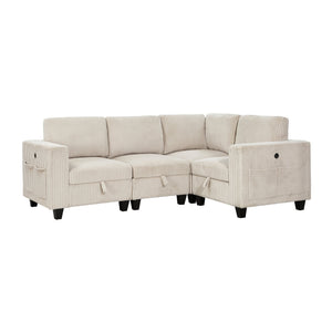 English Elm 4-Piece Modular Sectional with Storage Drawers, Side Pockets and USB Charging in Corduroy Upholstery Beige 28.5 L x 29 W x 20.5 H B011S01074