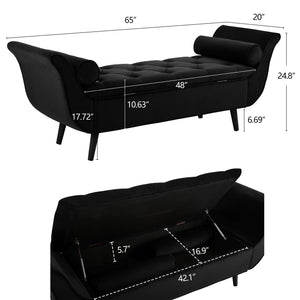 English Elm Vintage Velvet Tufted Storage Bench Extra Long Mid Century Seating for Bedroom W2795P428373