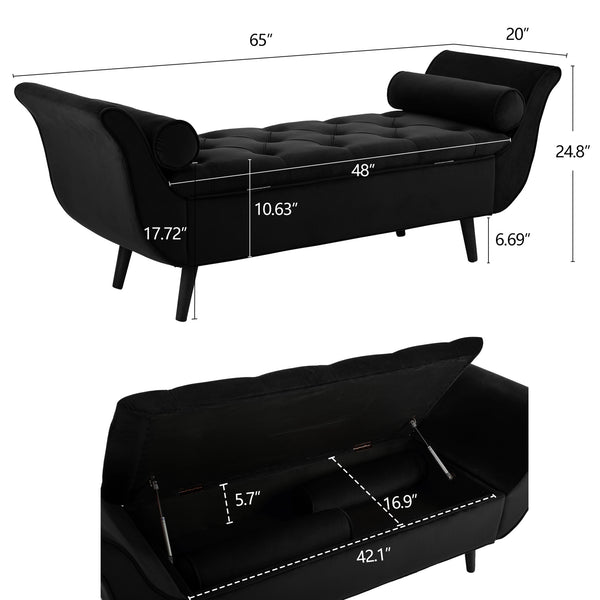 English Elm Vintage Velvet Tufted Storage Bench Extra Long Mid Century Seating for Bedroom W2795P428373