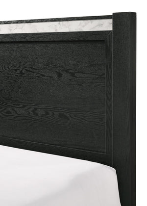 English Elm 1pc Queen Panel Bed with Faux Marble Accents and Upholstered Headboard for Contemporary Retreat Black,White 81.81 L x 30 W x 4.96 H B2741S00590