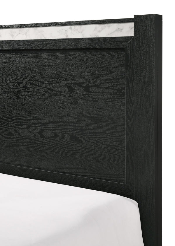 English Elm 1pc Queen Panel Bed with Faux Marble Accents and Upholstered Headboard for Contemporary Retreat Black,White 81.81 L x 30 W x 4.96 H B2741S00590