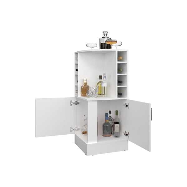 English Elm FM Corner Bar Cabinet with 8-Bottle Rack, Open Display Shelves and Hidden Storage for Home Entertaining White 47.2 L x 23.2 W x 4.7 H B128P269879