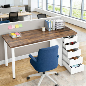English Elm Classic Five Drawer Writing Desk with Round Metal Legs and White Engineered Wood Top T3971P453625
