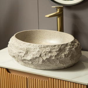 English Elm Luna 18" Bathroom Sink Irregular Oval Resin Vessel with Stone Pattern Artistic Durable Finish Beige W2615P346503