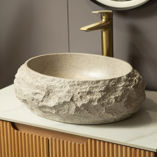 English Elm Luna 18" Bathroom Sink Irregular Oval Resin Vessel with Stone Pattern Artistic Durable Finish Beige W2615P346503