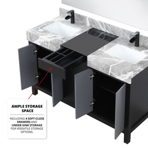 English Elm Black Double Bath Vanity Set With Castle Grey Marble Top, Matte Black Faucet & Large Mirror Included B2731S01027