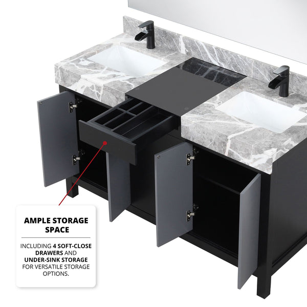 English Elm Black Double Bath Vanity Set With Castle Grey Marble Top, Matte Black Faucet & Large Mirror Included B2731S01027