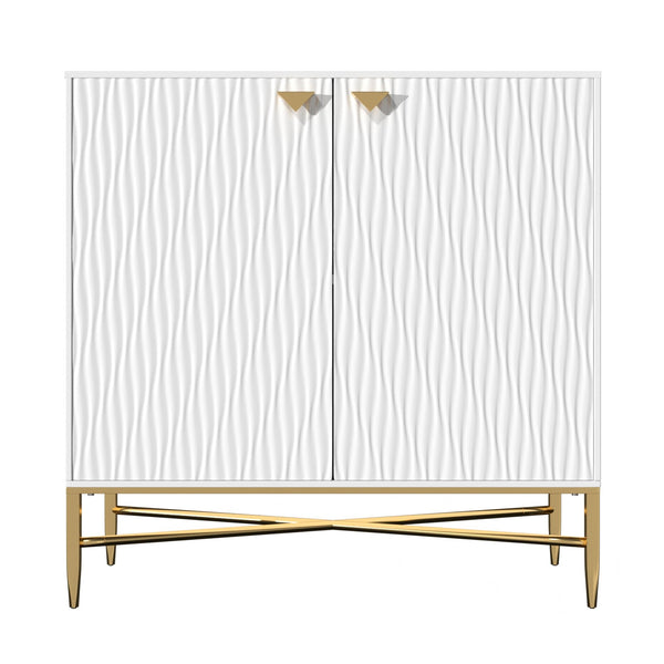 English Elm 2 Door White Locker Accent Cabinet with Gold Spindle Legs, Diamond Ripple Doors, Adjustable Shelves, Modern Storage Elegance T3609P347437