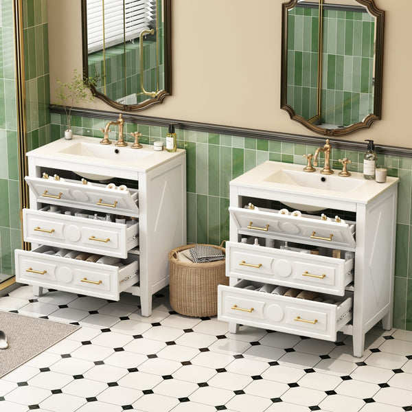 English Elm 60'' Bathroom Vanity Set With Elegant Ceramic Sink, Soft-Close Drawers, Solid Wood Frame Storage Solution N710SS00003K
