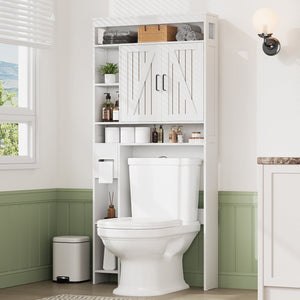 English Elm Vividwood Farmhouse Bathroom Tower Cabinet Sliding Barn Doors Six Shelves White T5618P505967