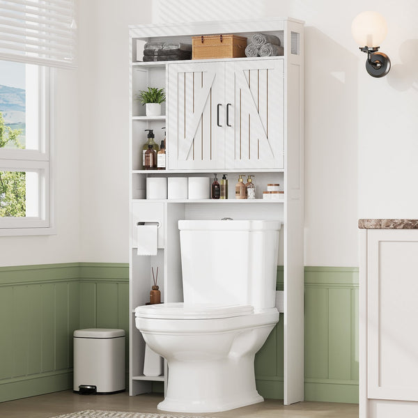 English Elm Vividwood Farmhouse Bathroom Tower Cabinet Sliding Barn Doors Six Shelves White T5618P505967