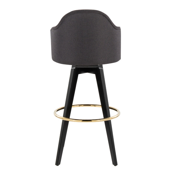 English Elm Fixed-height Swivel Barstools Charcoal Upholstered Seats Gold Footrest Set of Two B202S01863