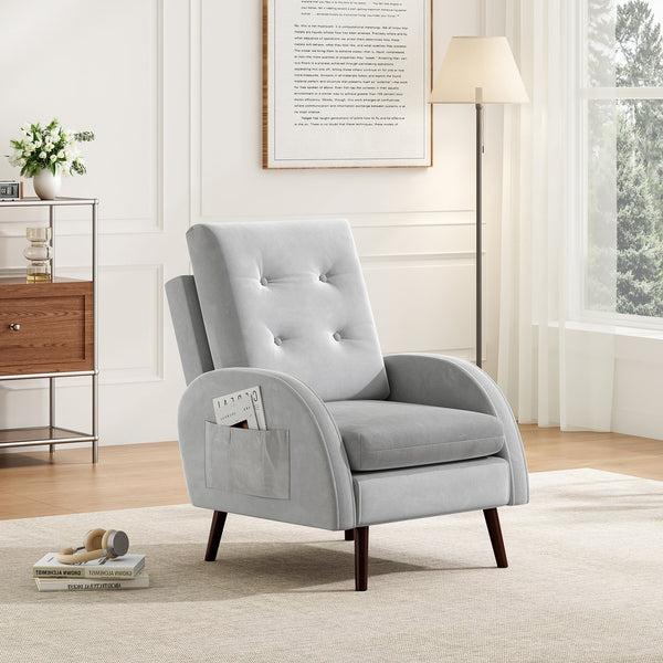 English Elm Upholstered Velvet Accent Chair and Ottoman with Storage, Tufted Design, 6-Level Adjustable Backrest Light Gray T3623P411378