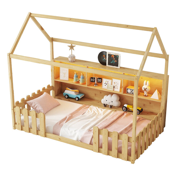 English Elm Twin House Bed with LED Light and Built-In Bookshelf, Solid Wood Playhouse Design for Kids Safety Natural 78.15 L x 15.75 W x 6.1 H W2593P269092