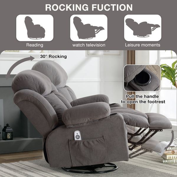English Elm Swinging Velvet Recliner Chair with Massage Heat Usb Port and 360 Swivel Lounge Seat Grey W1807P298206