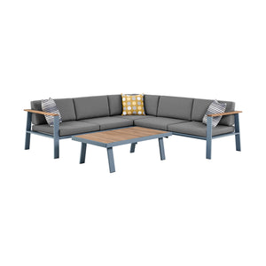 English Elm Ivano Outdoor Patio Sectional Set with Teak Accents, Weather‑Resistant Olefin Cushions & Durable Aluminum Frame Gray B2736S00002