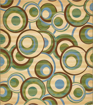 Unique Loom Outdoor Modern Babbling Machine Made Geometric Rug Beige, Blue/Brown/Green 10' 0" x 12' 2"