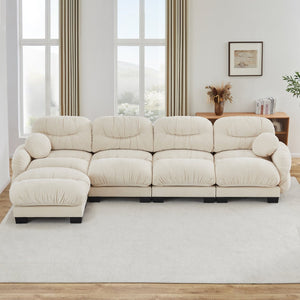 English Elm Pleated Chenille Sectional Sofa with Ottoman Ergonomic Foam Curved Armrests Living Room Beige W5656S00044