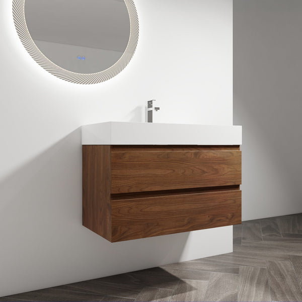 English Elm 36" Wood Grain Bathroom Vanity with Thick Resin Sink, 2 Soft-Close Drawers, KD Eco Plywood Finish W999S00201