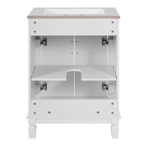 English Elm 24'' Bathroom Vanity with Sink - Solid Wood Frame, Glossy Ceramic Basin, Soft-Close Doors & Ample Storage Elegant Modern Design, Durable MDF Construction, Retro Metal Handles, Compact 24-inch Cabinet White N710P317675K