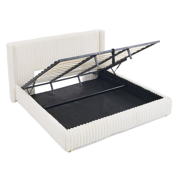 English Elm King Corduroy Upholstered Storage Bed Hydraulic Lift Ribbed Plush Cream Platform W1413S00182