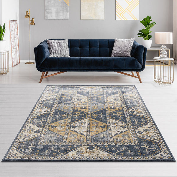 JLA Home Madison Park - Tiled Madison Park Dakota Tile Border Area Rug — Blue & Cream Geometric Pile, Durable Machine-Woven Comfort MP35-7559
