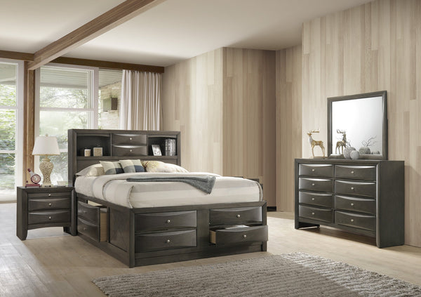 English Elm Gray King Storage Platform Captain's Bed with Bookcase Headboard, Deep Drawers, Silver Hardware, Solid Wood B2741S00613