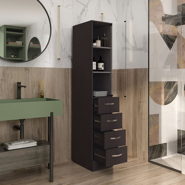 English Elm Linen 68" Tall Black Bathroom Cabinet with 3 Shelves, 4 Drawers, Metal Handles—Space Saving Storage and Modern Design B097P296830
