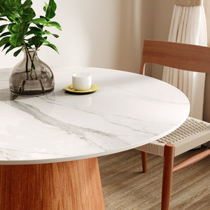 English Elm Small Round Solid Wood Pedestal Dining Table with Sintered Stone Top, Durable Family-Friendly Design T3833S00041 T3833S00041